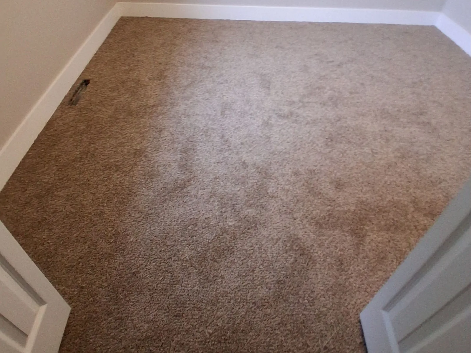 Newly installed bedroom carpet meeting the baseboard cleanly around the room