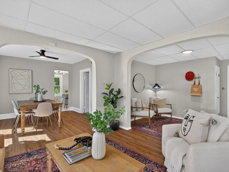 Living and dining rooms seen from the front of the house
