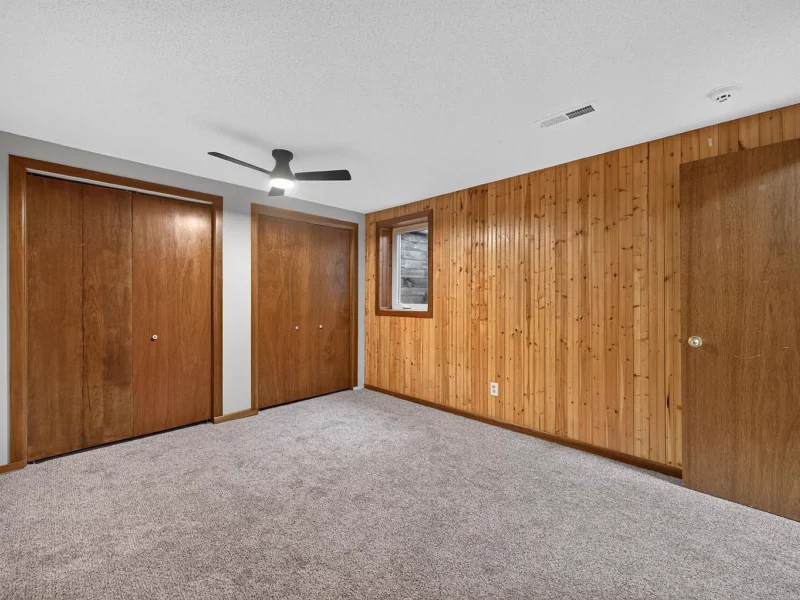 Lower-level carpeted room with wood-paneled walls and closet doors