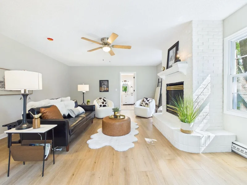 Living room with the fireplace and seating